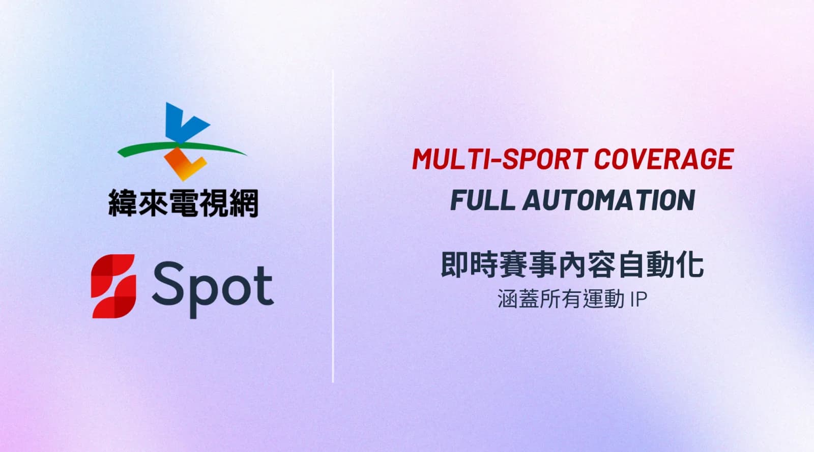 緯來電視網與 Spot 的標誌,主標為即時賽事內容自動化,涵蓋所有運動 IP