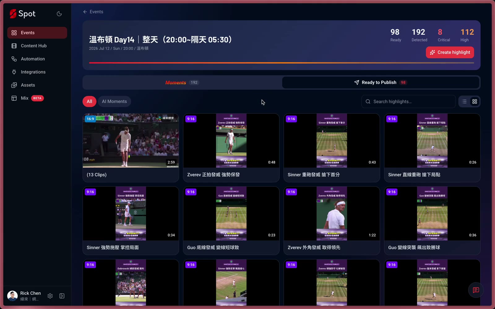 Spot's Ready to Publish view showing automatically prepared clips from Wimbledon coverage